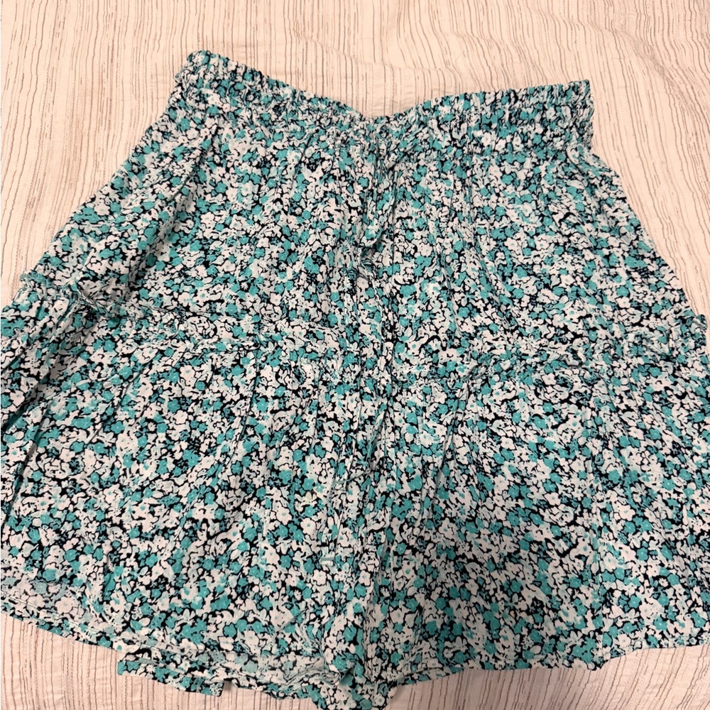 Zara Teal, White & Black Floral Elastic-Waist Skort